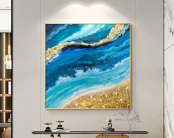 Glitter Painting Resin Art  Abstract  Framed Wall Art  Epoxy Geode Crystal 3D Large Wall Art,Resin Pour art, Beach Resin Art