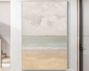 Arte de parede bege, pintura abstrata texturizada, pintura oceânica em tons de cinza e bege, arte de praia grande, tela para parede, decoração moderna para sala de estar em verde turquesa.