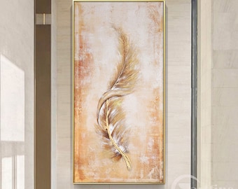 Feather wall art  large brown feather painting canvas acrylic painting framed gold wall art textured feather painting  long wall art