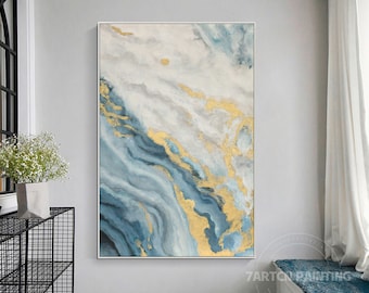 Arte de pared enmarcado original abstracto seascape Beach Wave Ocean Blue Gold Black Canvas pintado a mano pintura pinturas acrílicas pinturas sobre lienzo