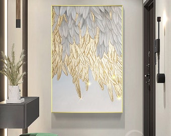 Abstract Painting On Canvas gold and grey leaf Painting Palette Knife  Art Gold Leaf Painting Large Framed Modern Wall Art Living Room Decor