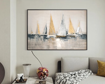 Sailboats Abstract Painting on Canvas Original Painting Modern Art boat canvas painting Gold Wall Art Abstract Wall Art Ocean Art