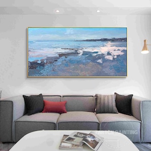Abstract Blue ocean wall art Seascape acrylic painting on canvas framed art ocean wave painting coastline  painting office living room decor