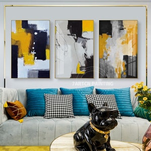 Set of 3 Frame Wall Art Abstract Acrylic Painting on Canvas Black Yellow Color abstract acrylic Large painting Original 3 piece wall art image 1