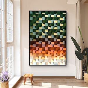 Arte mural de madera, escultura de mosaico verde esmeralda, enorme arte geométrico de madera, arte con bloques de madera, pintura abstracta, arte de madera recuperada