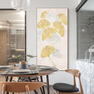 Ginkgo Abstract Gold wall art On Canvas Large Framed Wall Art silver Leaf Art Original Painting Acrylic Textured Painting Living Room Decor