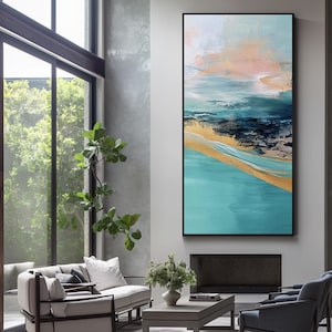 Turquoise Wall Art Abstract Teal Gold Ocean Artwork Blue Gold Canvas,Navy Blue Wall Art,Abstract Blue Wall Art,Textured Painting home decor
