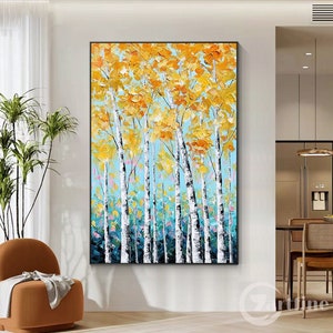 Abstract Birch forest wall art ORIGINAL Autumn Birch Large Landscape yellow Forest framed wall art Painting Forest Mural Living Room Decor