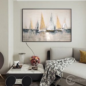 Veleros pintura abstracta sobre lienzo pintura Original arte moderno barco lienzo pintura oro pared arte abstracto pared arte océano arte