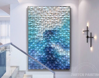 Blue Teal Abstract Ocean Wooden painting Original Mosaic Geometric Reclaimed wood Block wall art living room decor