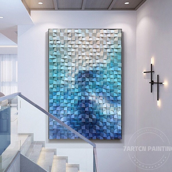 Wood Wall art Blue Teal White,Sea Waves Abstract painting ,mosaic sculpture art,geometric wood wall art,framed wall art,Wood sculpture