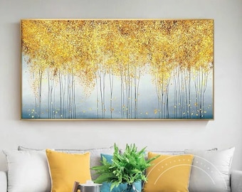 Glitter art abstract forest Tree art acrylic paintings on canvas Glitter wall art Yellow Tree Textured Art large Framed Wall Art