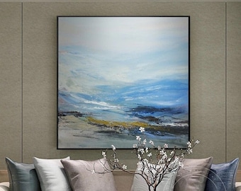 Abstract blue mountain modern painting on canvas landscape large painting framed wall art pictures blue art for living room decor