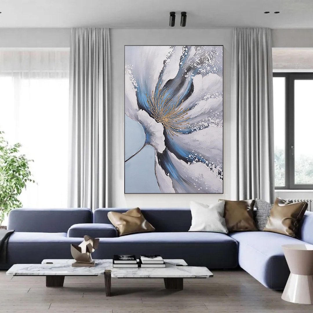 Blue Abstract Flower Wall Art Grey Floral Acrylic Paintings on Canvas