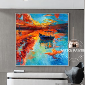 Blue Ocean painting,Large abstract painting,orange Sunshine Sea Painting,Original canvas Abstract Wall Art,Blue sky Sunset ocean painting