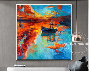 Gran pintura abstracta del océano: lienzo con cielo azul, atardecer y paisaje marino