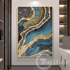 Resin Wall art Abstract Blue Gold Ocean Painting Epoxy Geode Painting 3D Gold Beach Artwork Crystal Glitter Art living room decor