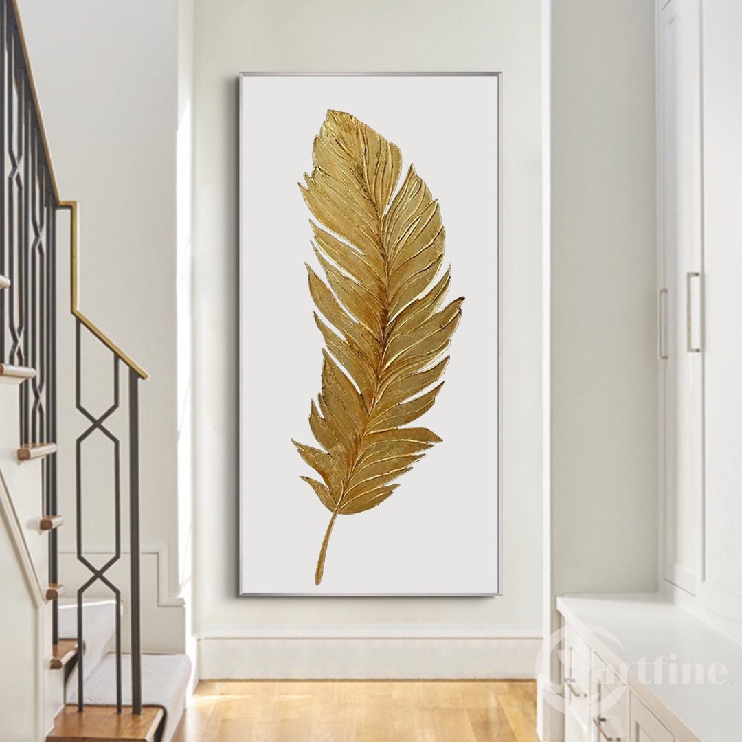 Gold Feather Painting Frame Wall Art Canvas Original Feather Wall Art