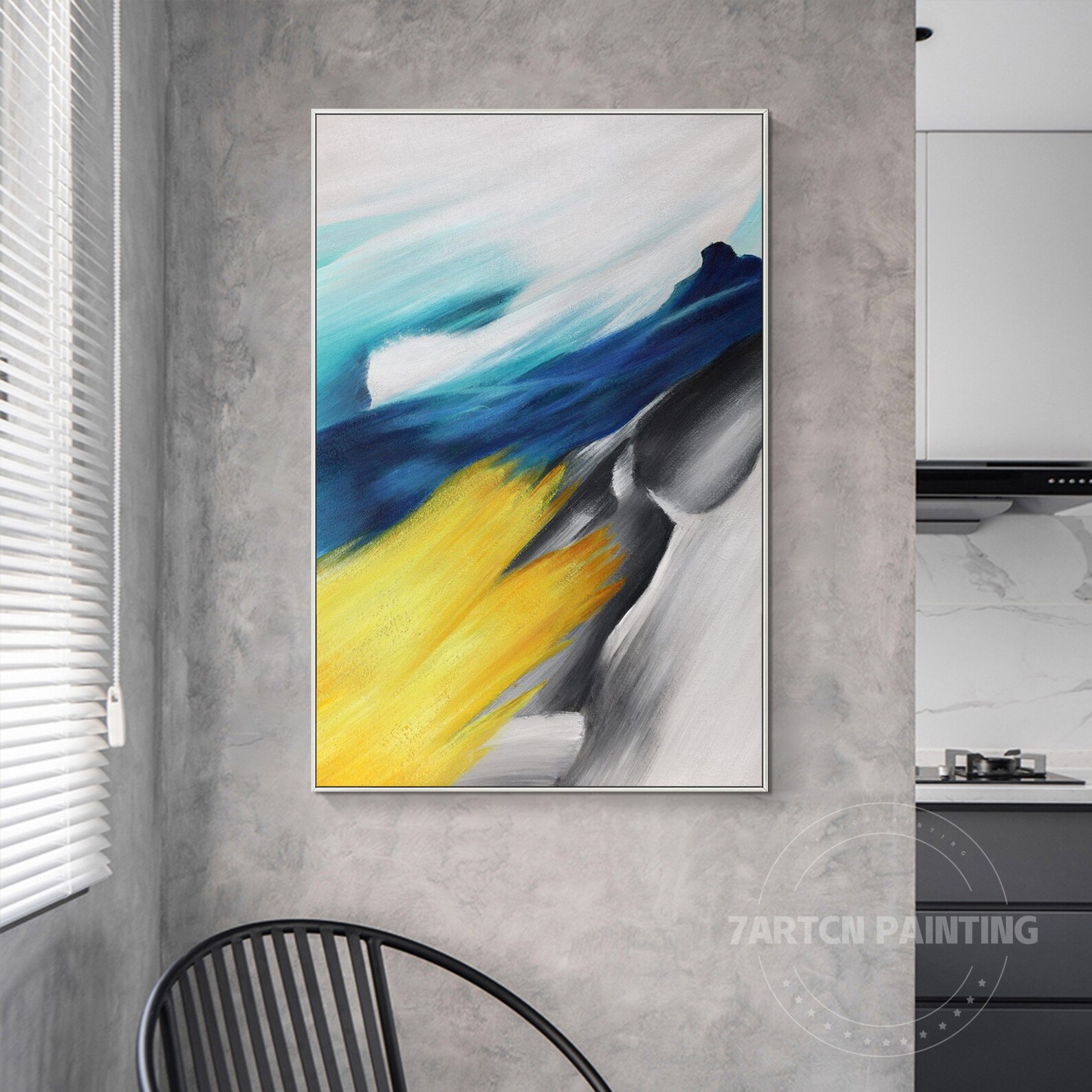 Original Abstract Wall Art Bright Yellow Navy Blue Grey Black and White ...