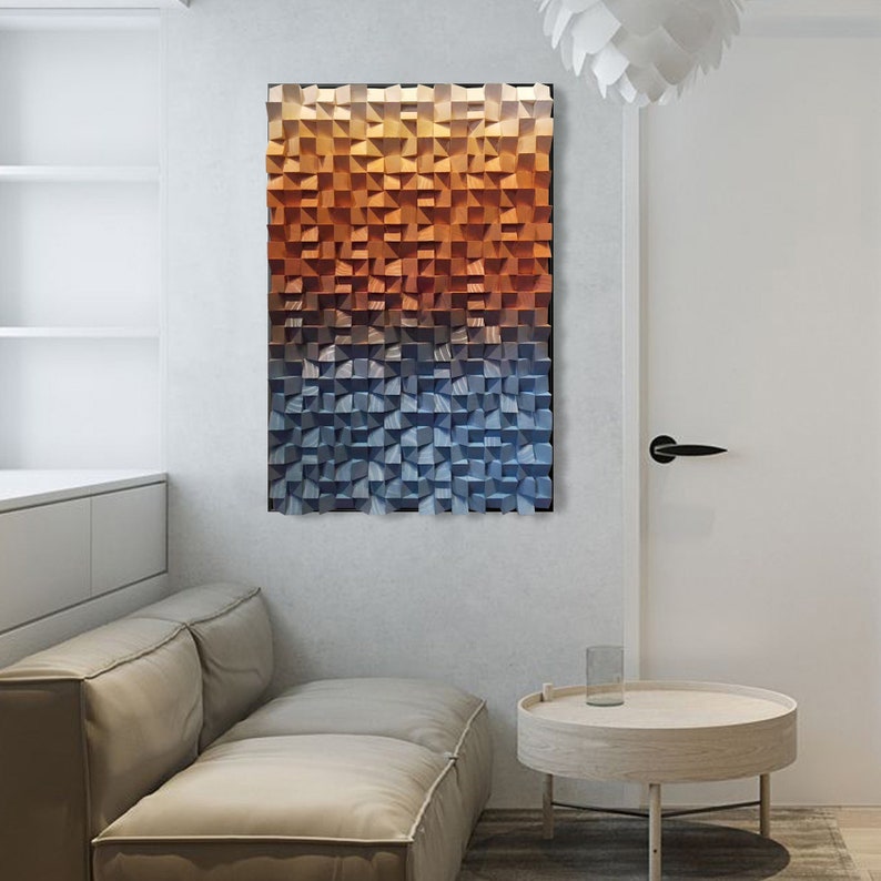 Wood Wall art navy blue and orange,Sea Waves,Wood mosaic sculpture,Abstract painting on wood,wall art decor,framed wall art Wood sculpture image 4