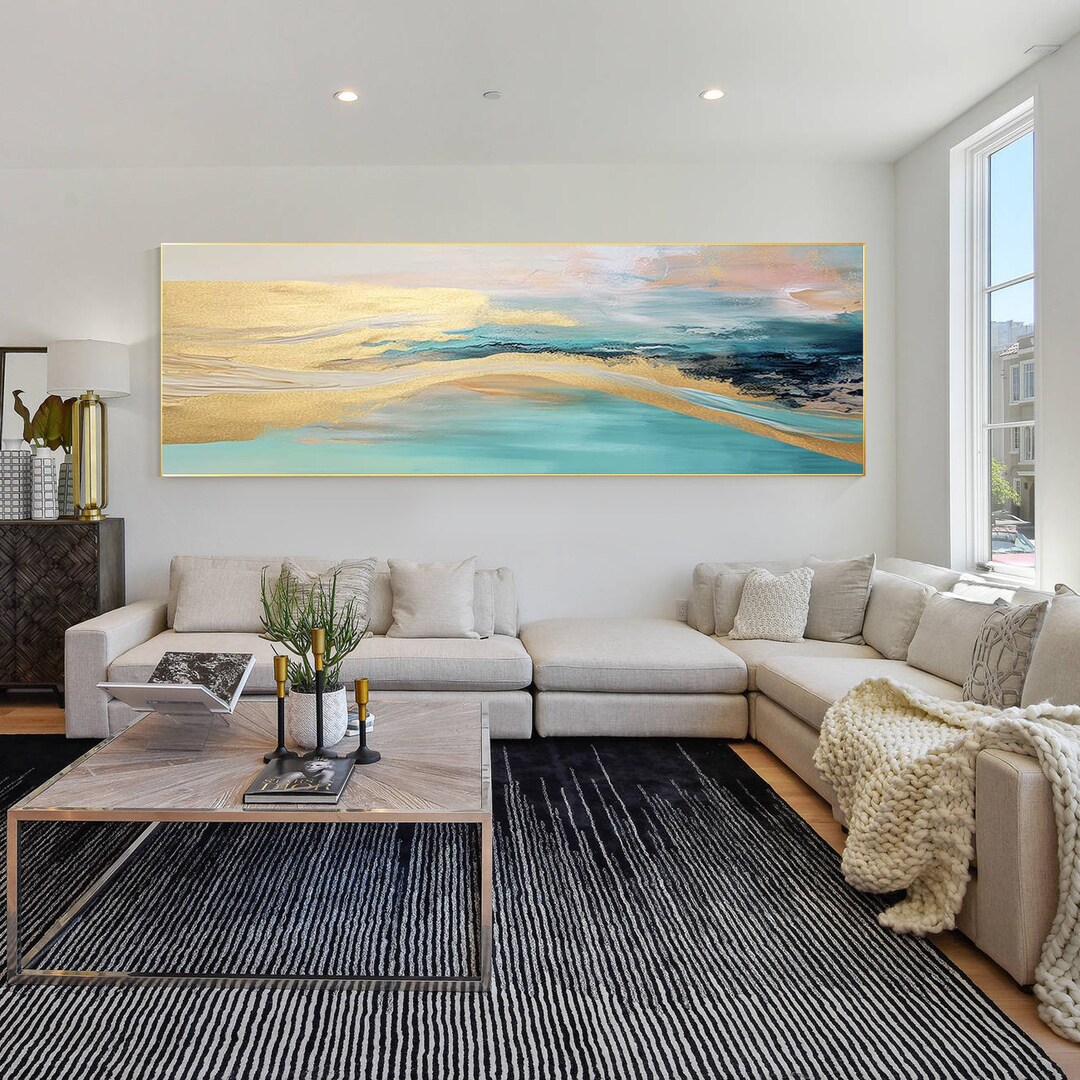 Turquoise Abstract Teal Gold Wall Art Horizontal Wall Art Canvas Wall