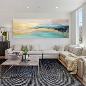 Turquoise Gold Abstract Canvas Art: Extra Large Framed Wall Decor