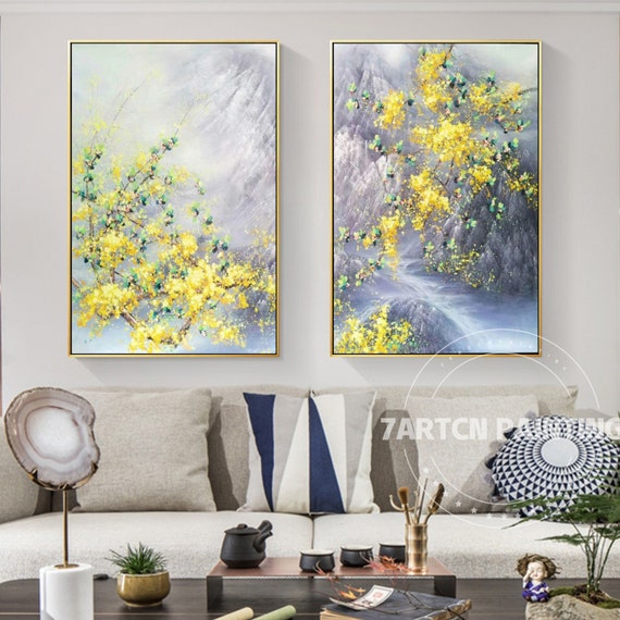印象派抽象花柄キャンバス絵画2点セット 額入り壁アート 黄色い花 