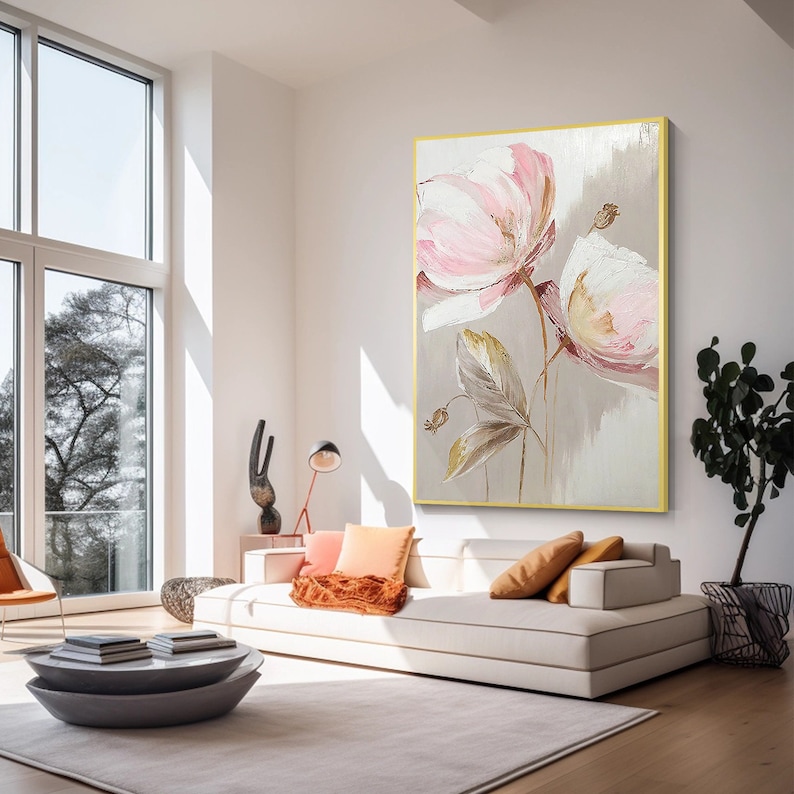 Pink Flower Painting Bloom Canvas Wall Art Textured Gold Floral Wall ...
