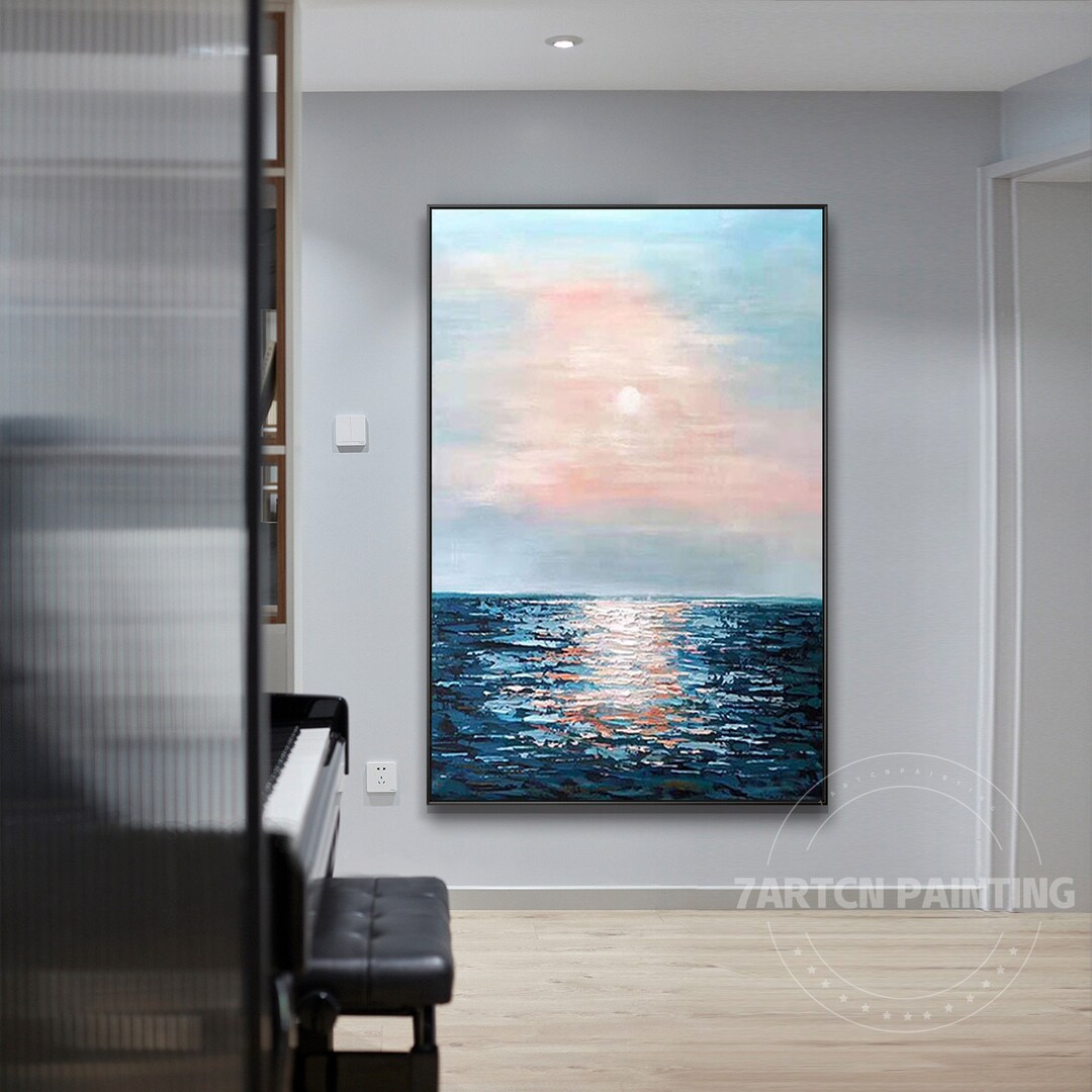 Navy Blue Ocean Wall Art Pink Blue Canvas Painting Modern Abstract ...