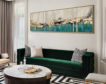 Turquoise Blue Green Abstract art Painting Horizontal Gold Leaf art large gold Framed wall art modern   long wall art oversize home decor