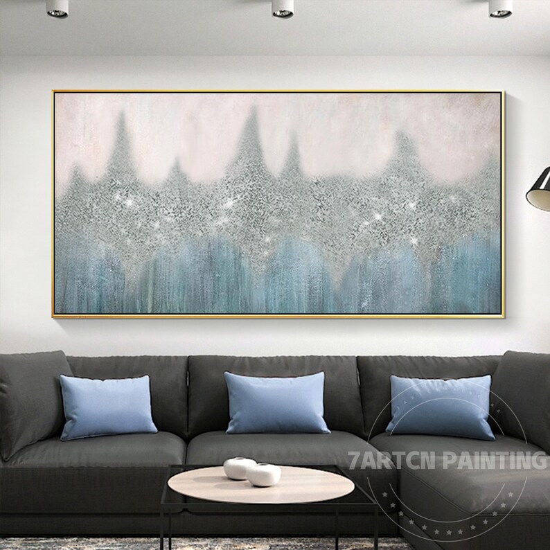 Silver Glitter Framed Wall Art Modern Abstract Blue Oil Etsy