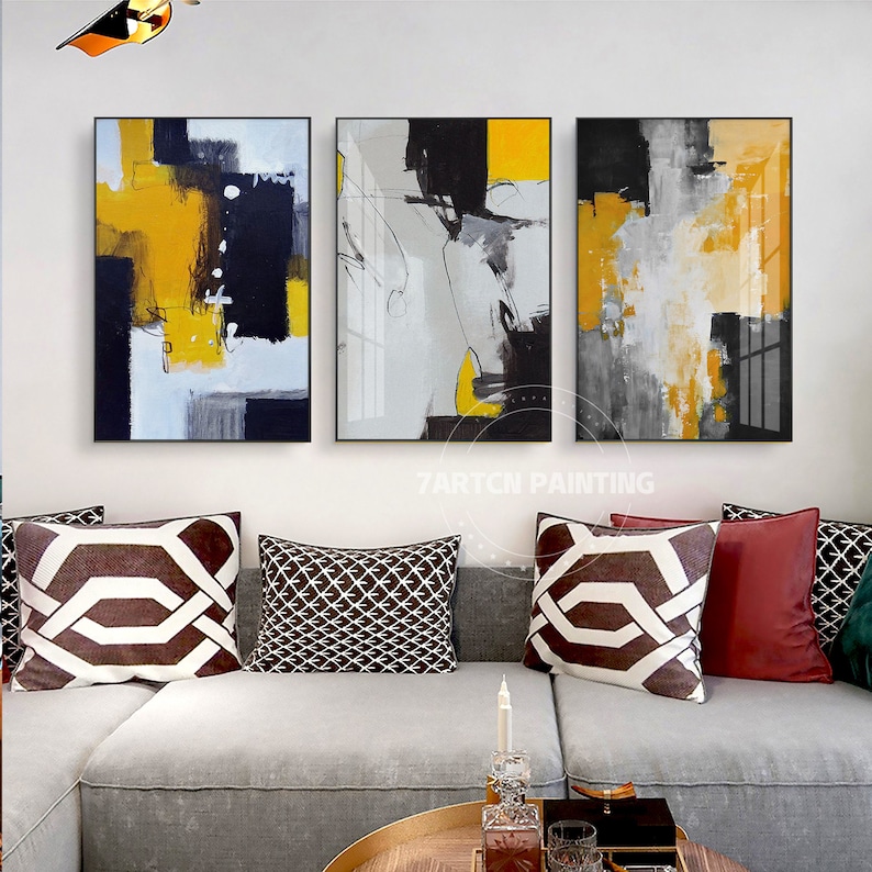 Set of 3 Frame Wall Art Abstract Acrylic Painting on Canvas Black Yellow Color abstract acrylic Large painting Original 3 piece wall art image 3