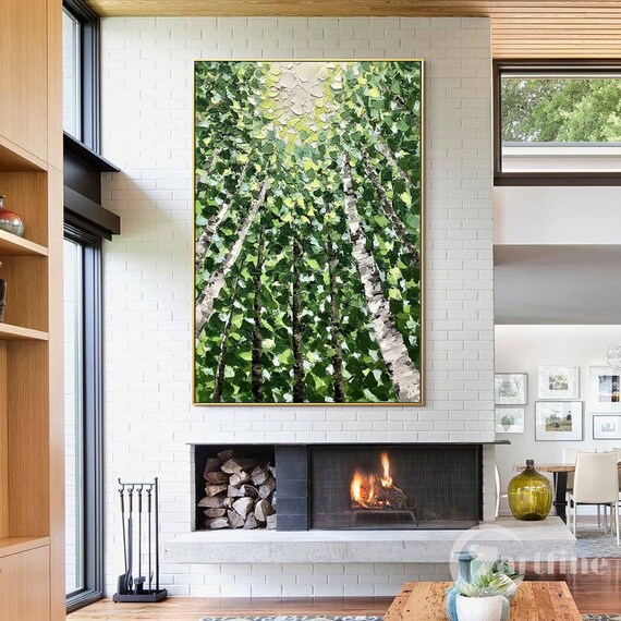 Original Abstract Tree painting acrylic canvas textured Birch trees wall art framed botanic plant wall art Palette Knife Impasto wall art