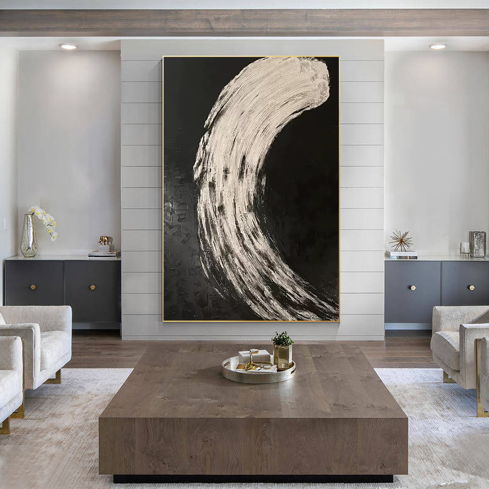 Abstract Black and White Wall Art Minimalist Painting Large Long Framed ...