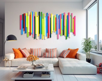 Rainbow Colorful Wood wall art Abstract Sound Wave wood painting Geometric Slat Wall art Lon painting Large art bedroom living room decor