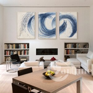 Set of 3 Navy Blue Abstract Wall Art Textured Painting on Canvas Extra Large Original Abstract 3 ...