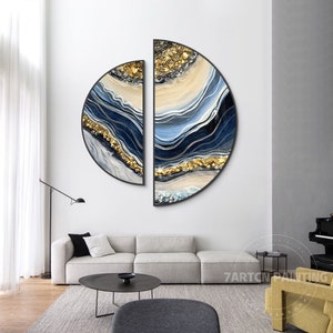 Resin Round Art Set of 2 Framed Wall Art Seascape Waves Abstract Gold Blue Silver Waves epoxy Resin Geode Crystal Half Round wall art 3D image 4