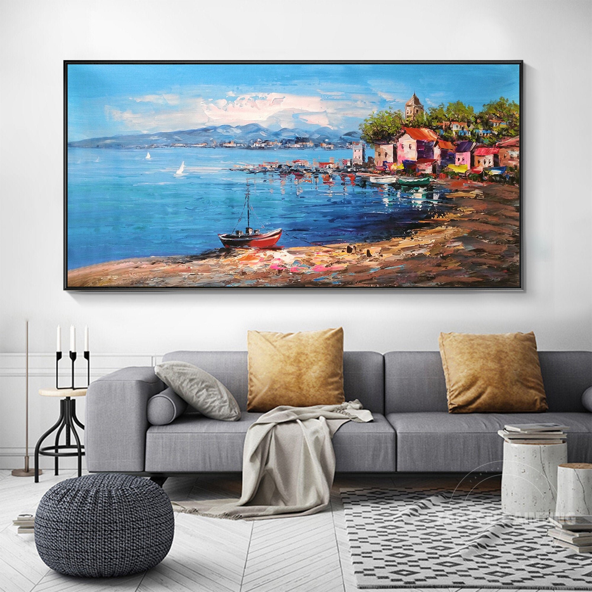Gemälde Auf Leinwand – Mediterrane Stadt, Handgemaltes Bild Für Wohnzimmer (91,4 X 61 Cm)