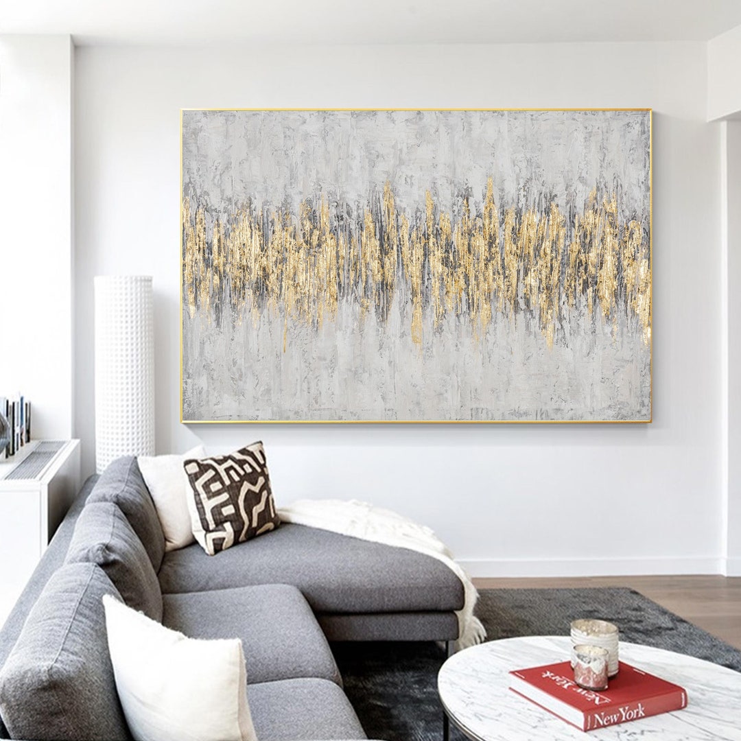 Gold and Grey Wall Art Modern Abstract Painting on Canvas Large Frame