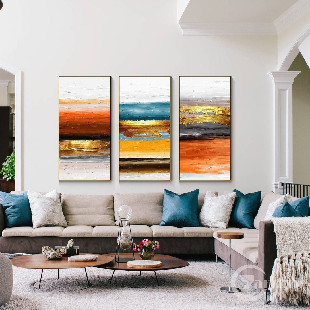 Set of 3 Pieces Orange Gold Wall Art Textured Abstract Wall Etsy