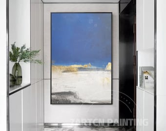 Pintura a mano de acrílico abstracto azul sobre lienzo con marco de arte blanco dorado extra grandes cuadros de pared decoración del hogar cuadros abstractos