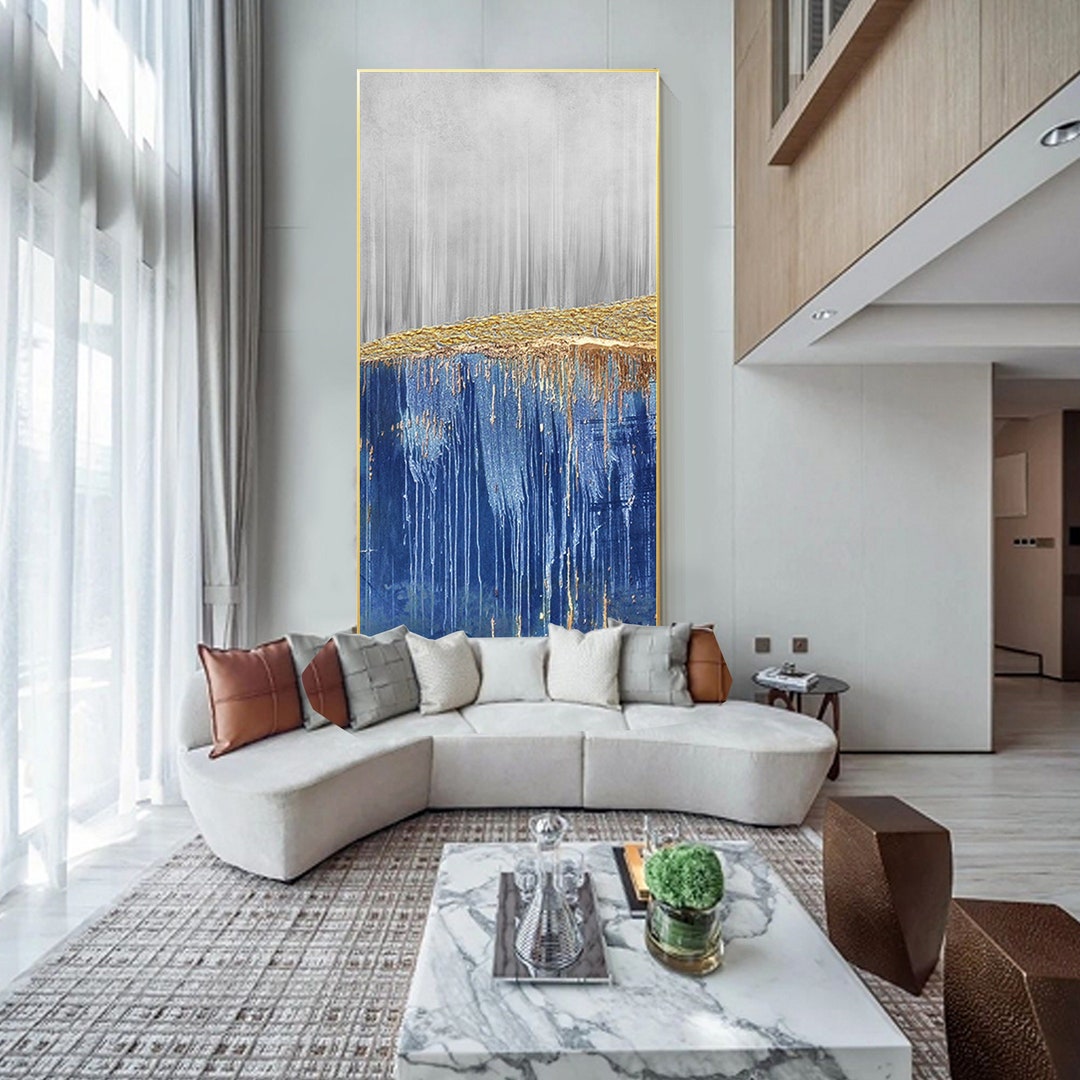 Blue and Gold Wall Art Abstract Textured Acrylic Painting on Canvas ...