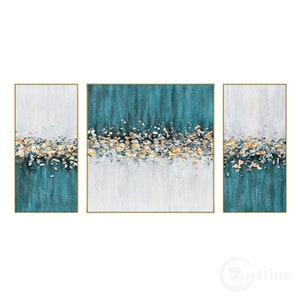 Blågrön och guld set med 3 abstrakta väggkonstmålningar texturerad väggkonst blommig canvastavla extra stor målning vardagsrumsinredning Gold frame