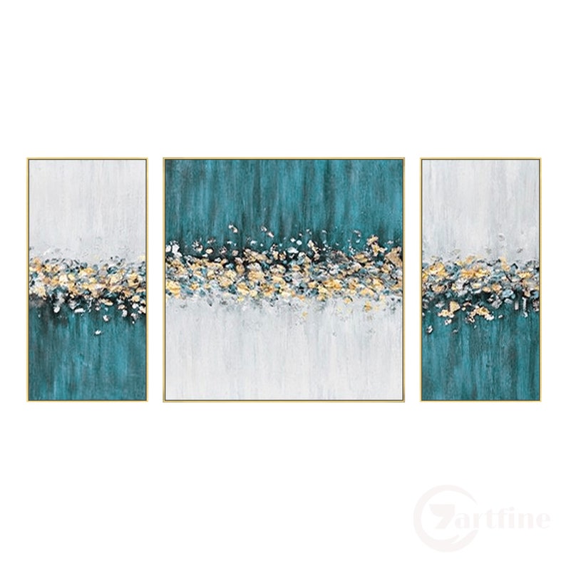 Blågrön och guld set med 3 abstrakta väggkonstmålningar texturerad väggkonst blommig canvastavla extra stor målning vardagsrumsinredning Gold frame