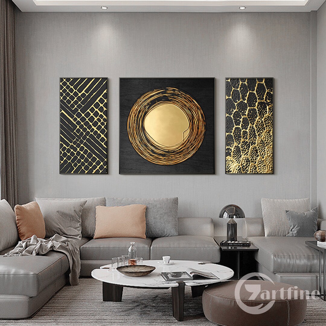 Black Gold Paintings Abstract Original Set of 3 Pieces Wall Art