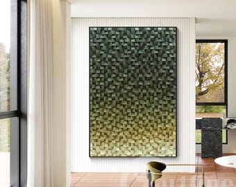 Green Ombre Wood Wall Art: Geometric Mosaic, Reclaimed Wood Cubes Wall Sculpture Acoustic Wall Art Entryway Wall Art