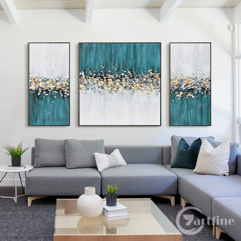 Modern teal and gold wall decor set of 3 for bedroom or living room