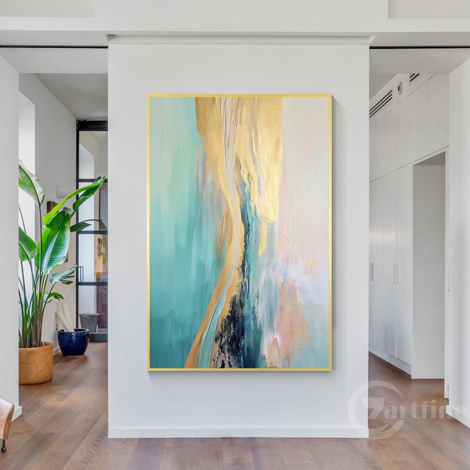 Teal Gold Abstract Canvas Wall Art Extra Large Wall Art Framed Modern ...