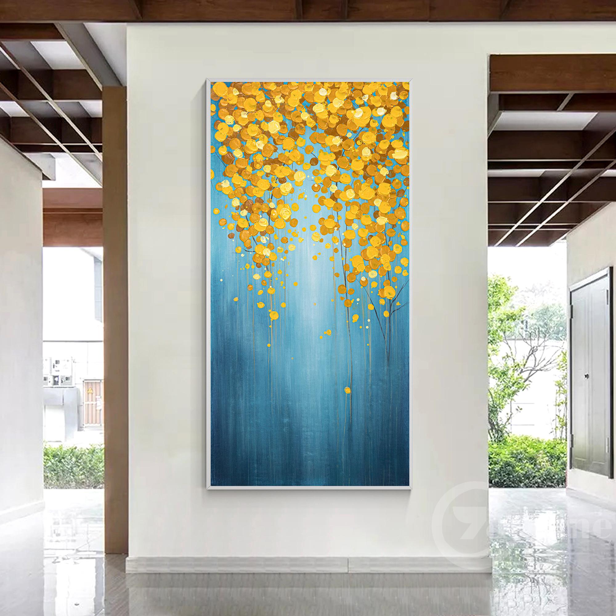 Original Navy Blue Gold Leaf Wall Art Abstract Textured Painting Framed ...