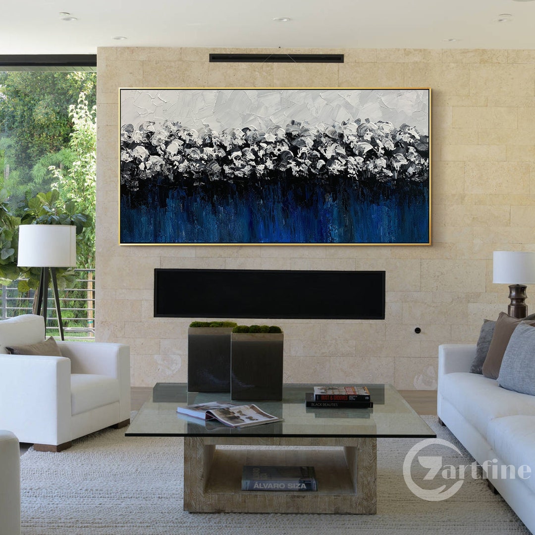 Navy Blue Abstract Painting on Canvas Extra Large Framed Wall Art Long ...